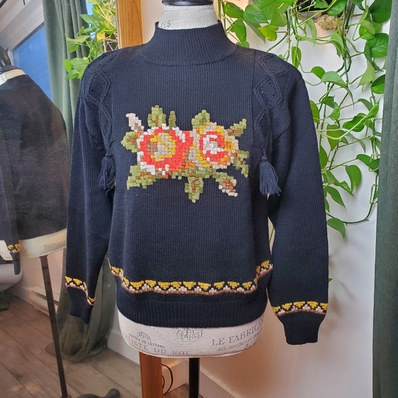 RARE | René Derhy Vintage 90s Embroidered Flower Wool Blend Sweater (Size M) - Picture 9 of 9